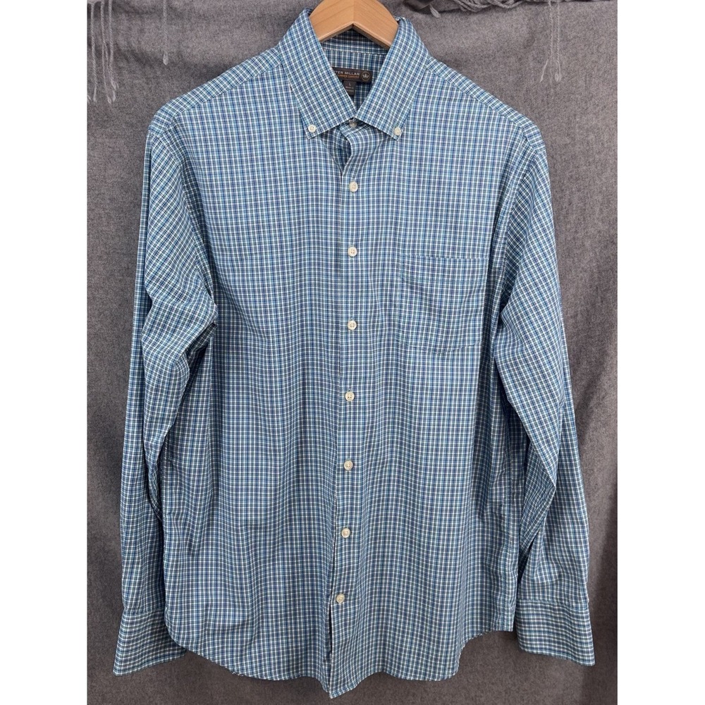 Peter Millar Summer Comfort Mens Blue Plaid Long Sleeve Button Down Large - Picture 2 of 8